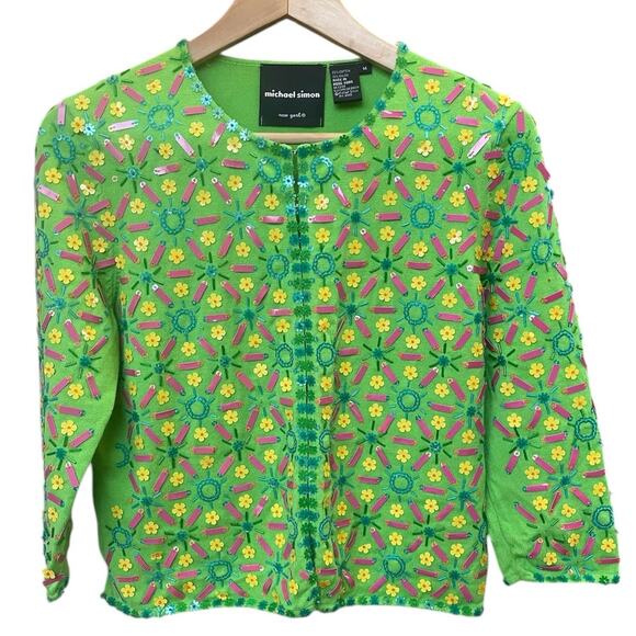 Michael Simon Floral Applique Cardigan Size Medium Y2K 2000s - Picture 1 of 9